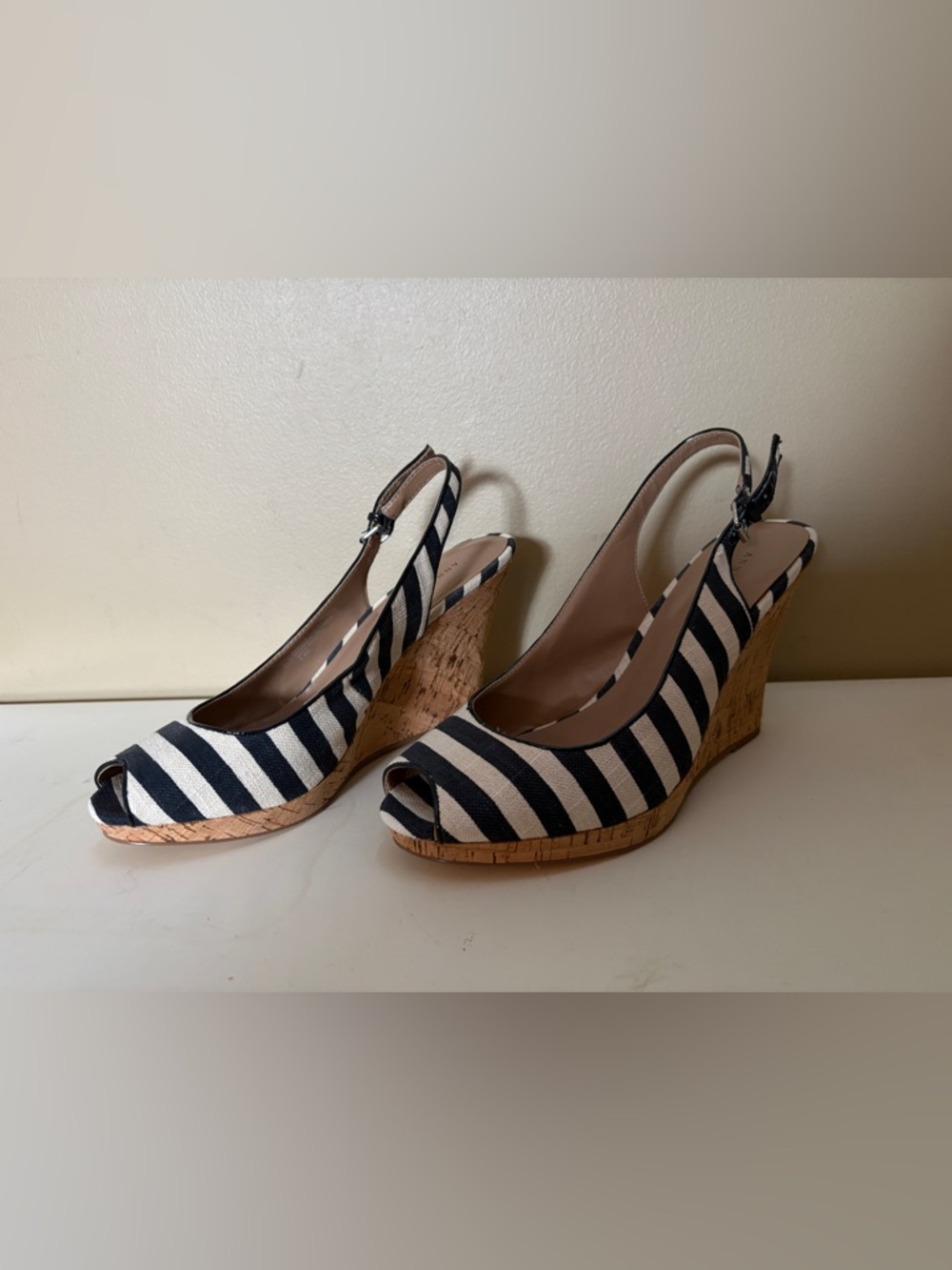 Ann Taylor Striped Black and White Cork Wedge Slingback Heels size 8